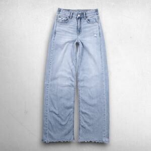 American Eagle Super High Rise Baggy Wide Leg Jeans Women 000 Blue Stretch Denim